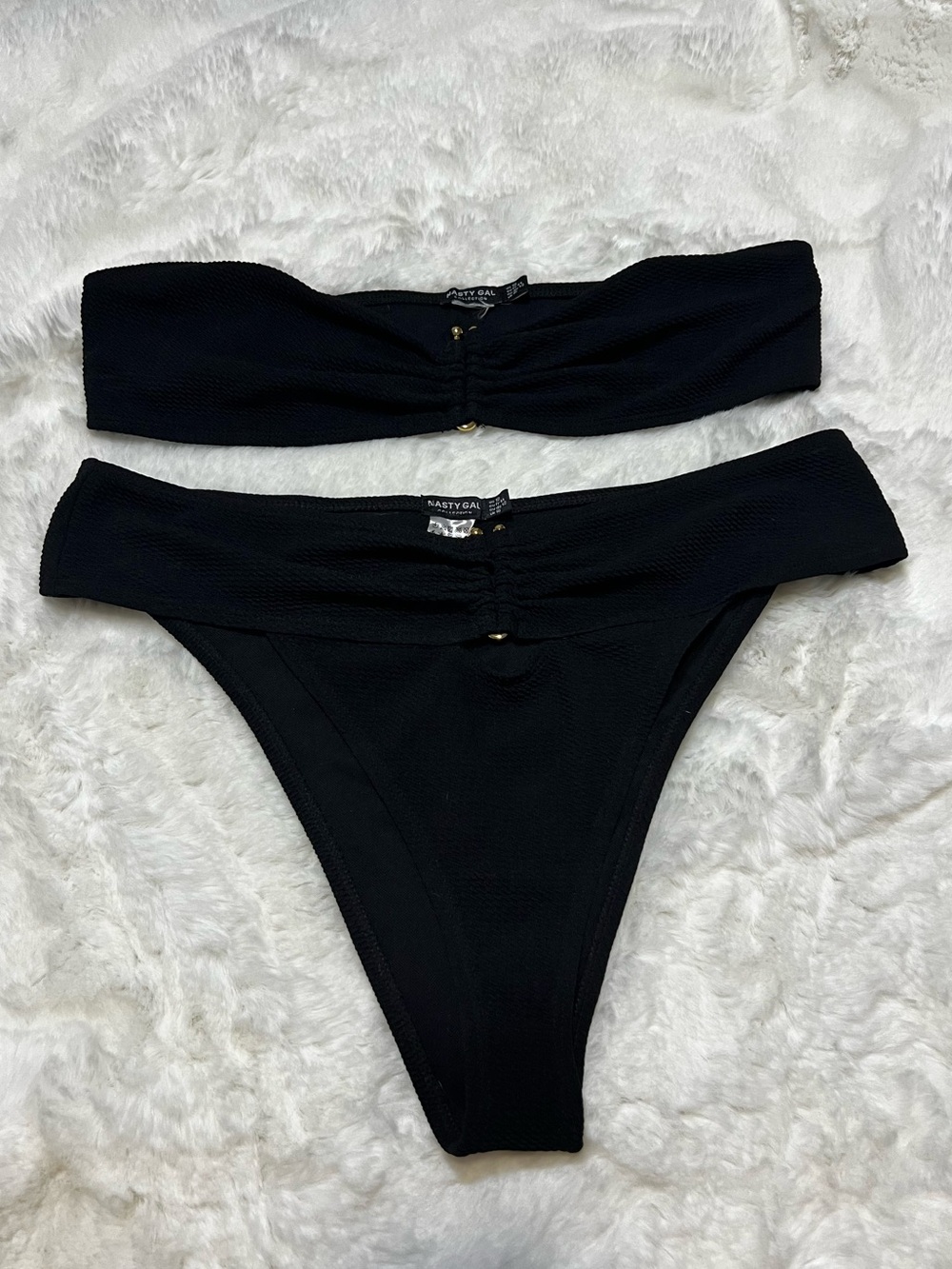 NWOT Nasty Gal Black Waffle Ribbed Strapless Bikini Set with Gold Accents